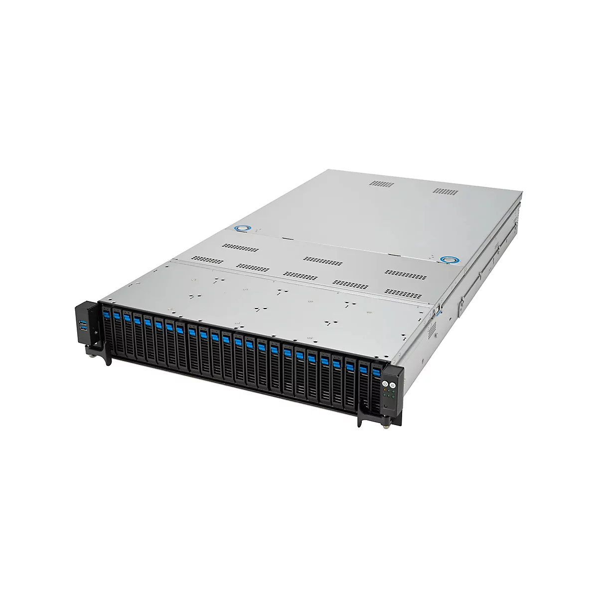 Ein Server-Rack mit schwarzen Einschüben und blauen Akzenten, vor weißem Hintergrund.