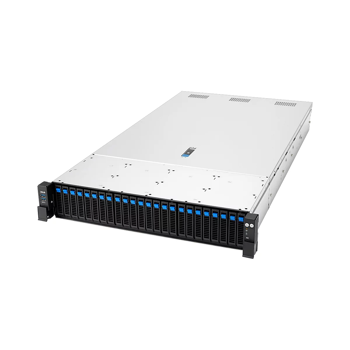 Ein Serverschrank mit vielen Einschüben und blauen Bedienelementen, Marke ASUS.