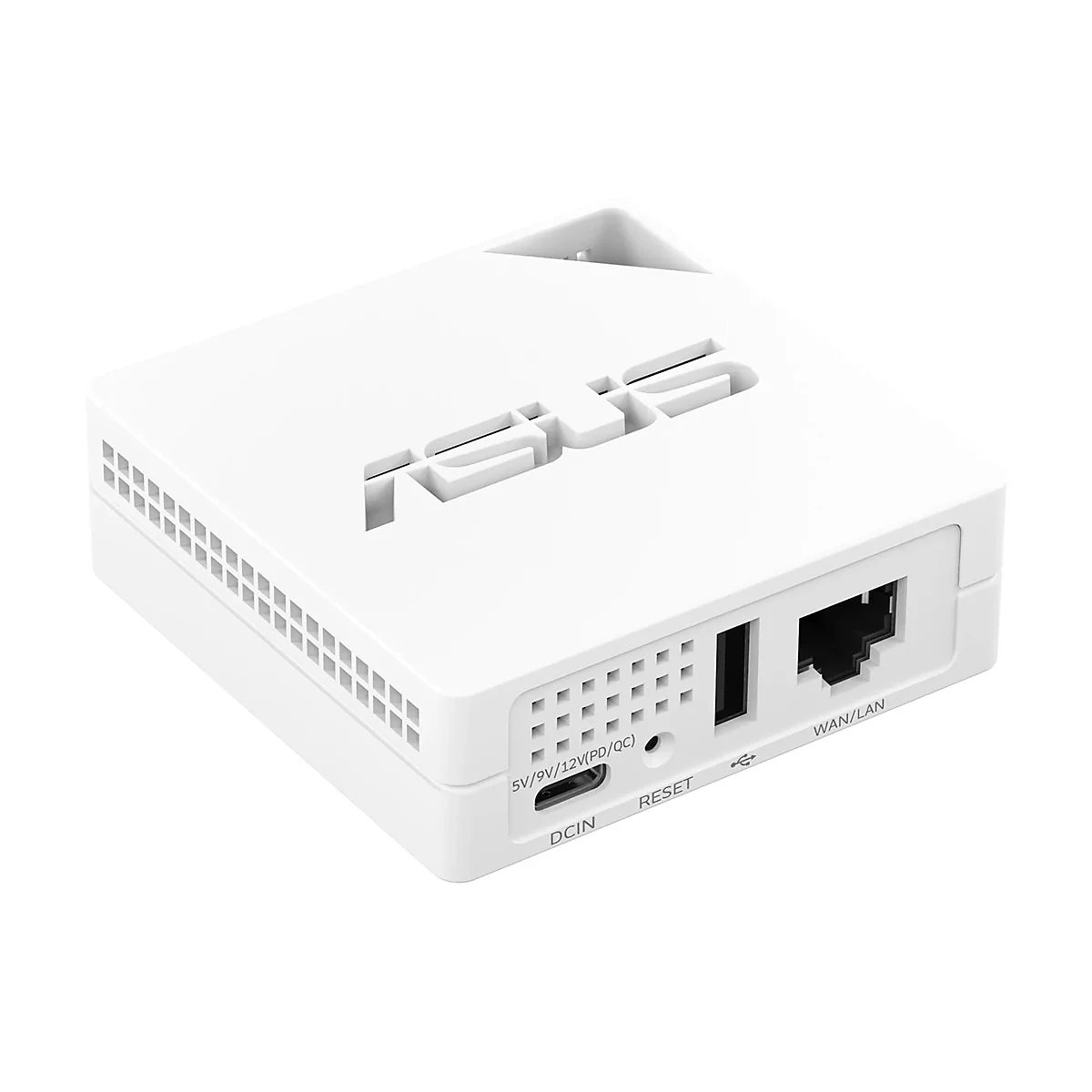 Weißer, quadratischer Asus Router mit USB-C, LAN-Anschluss und eingelassenem Logo auf der Oberseite.