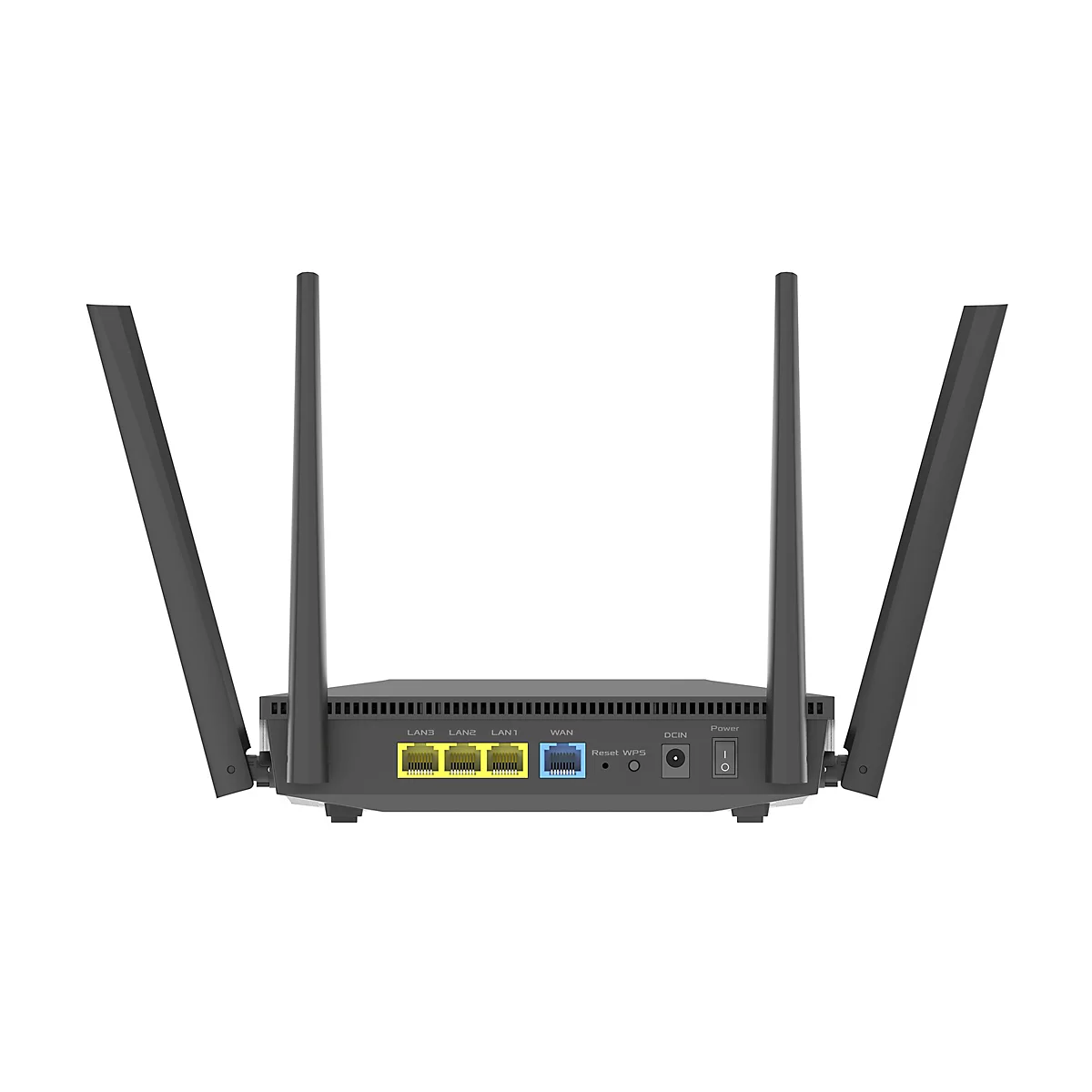 Draufsicht auf einen schwarzen Router. Auf der Rückseite befinden sich Anschlüsse mit gelben und blauen Öffnungen. Mehrere Antennen ragen auf.