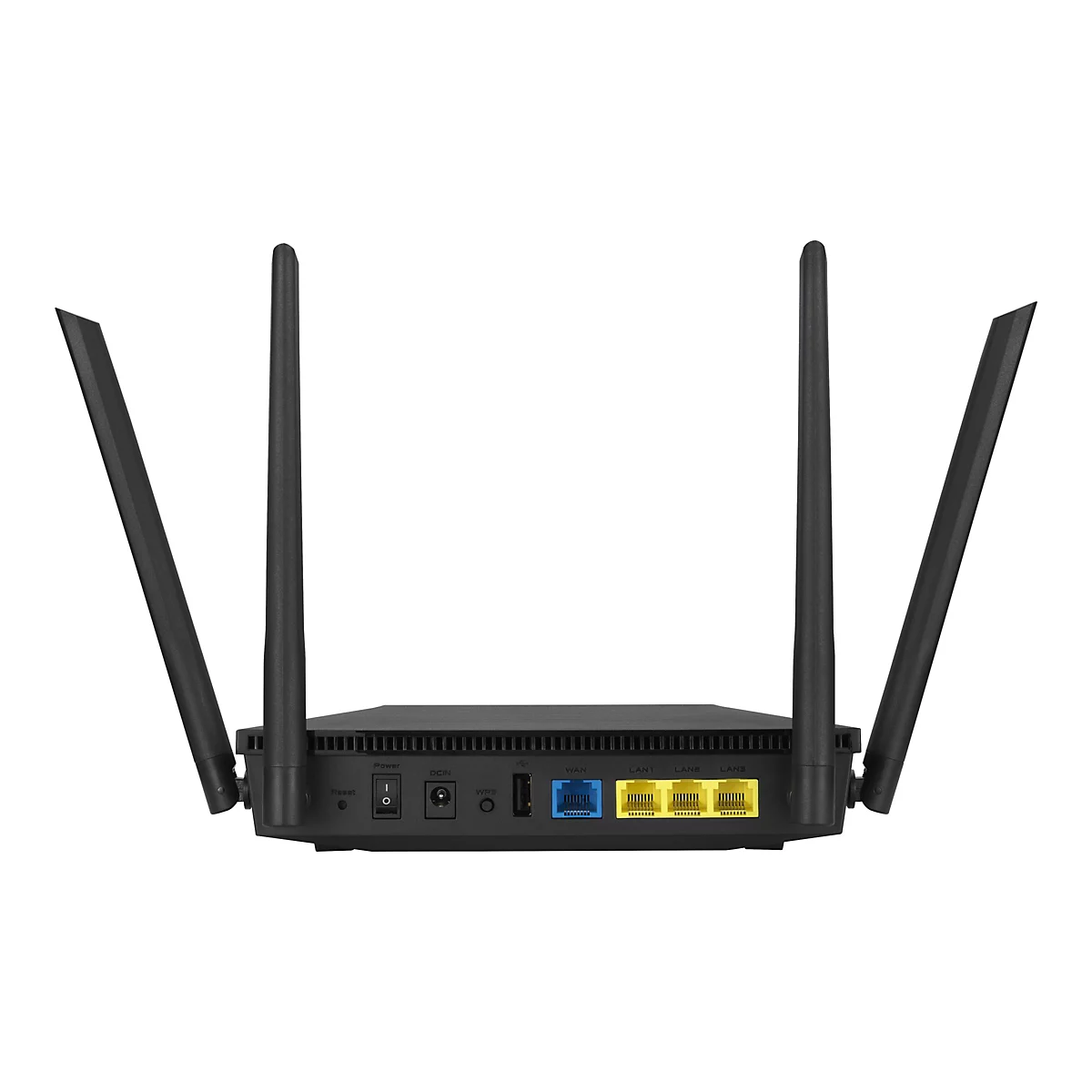 Un routeur Wi-Fi noir avec quatre antennes, vue arrière. Les connexions pour l'alimentation, le LAN et le WAN sont reconnaissables.