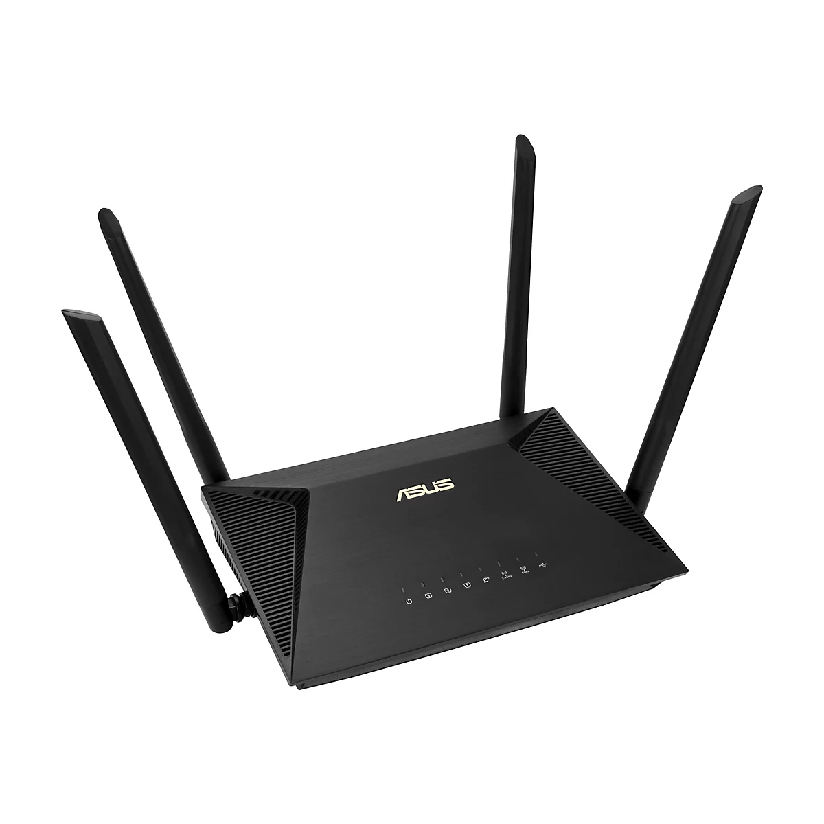 Routeur noir avec quatre antennes, logo ASUS, sur fond blanc.