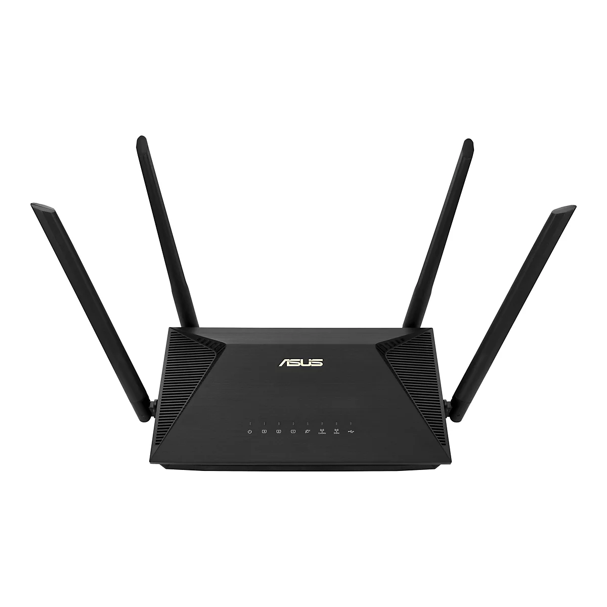 Schwarzer ASUS-Router mit vier Antennen, auf weißem Hintergrund.