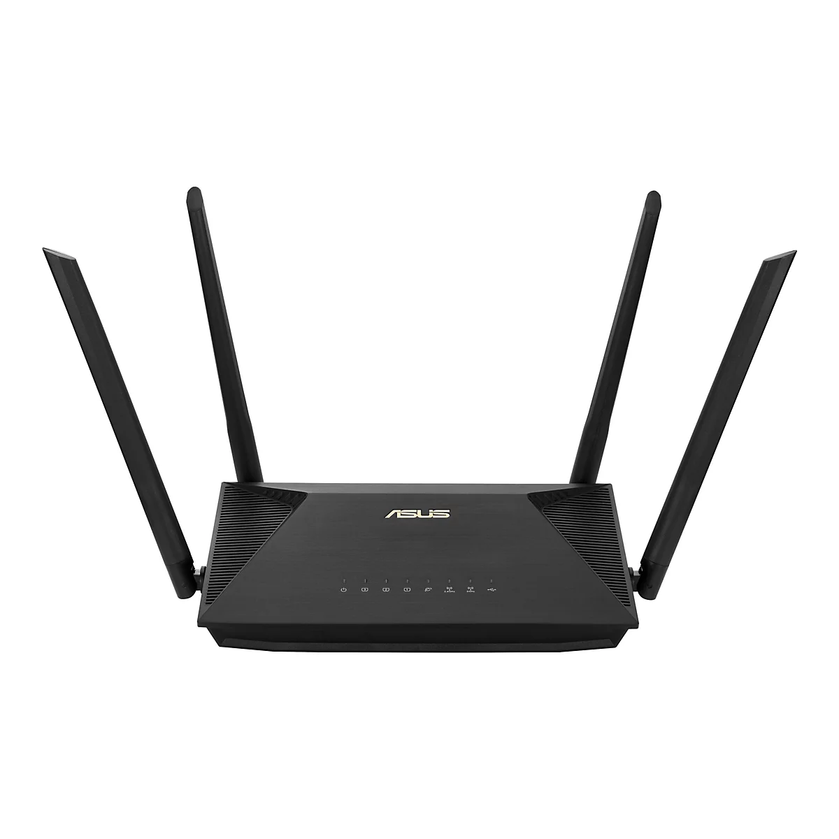 Schwarzer ASUS-Router mit vier Antennen, auf weißem Hintergrund.