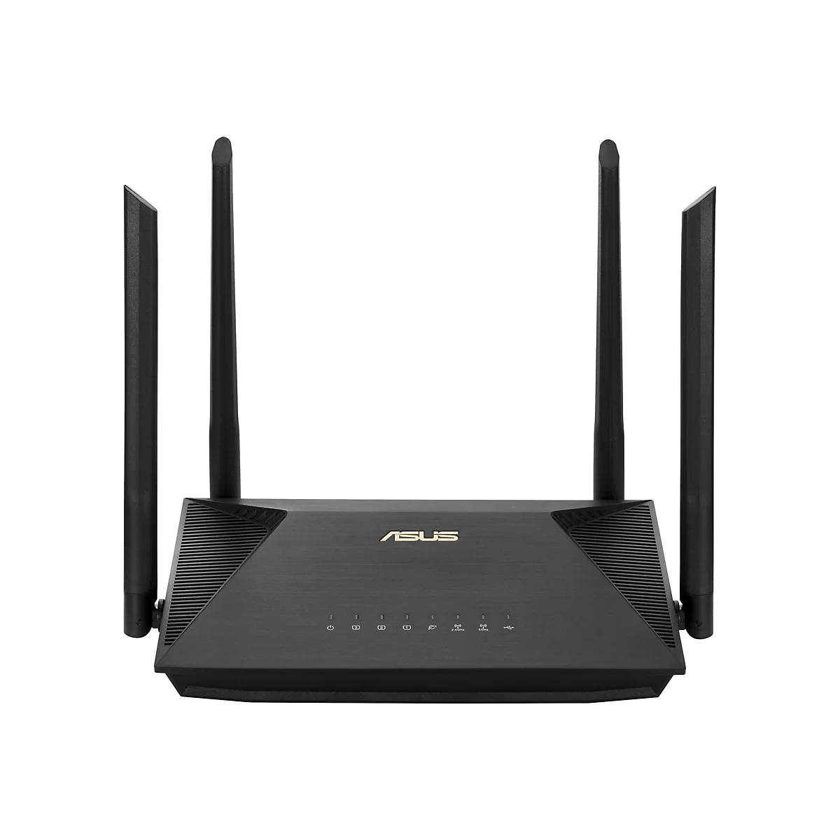 Schwarzer Router mit vier Antennen, ASUS-Logo und mehreren Kontrollleuchten.