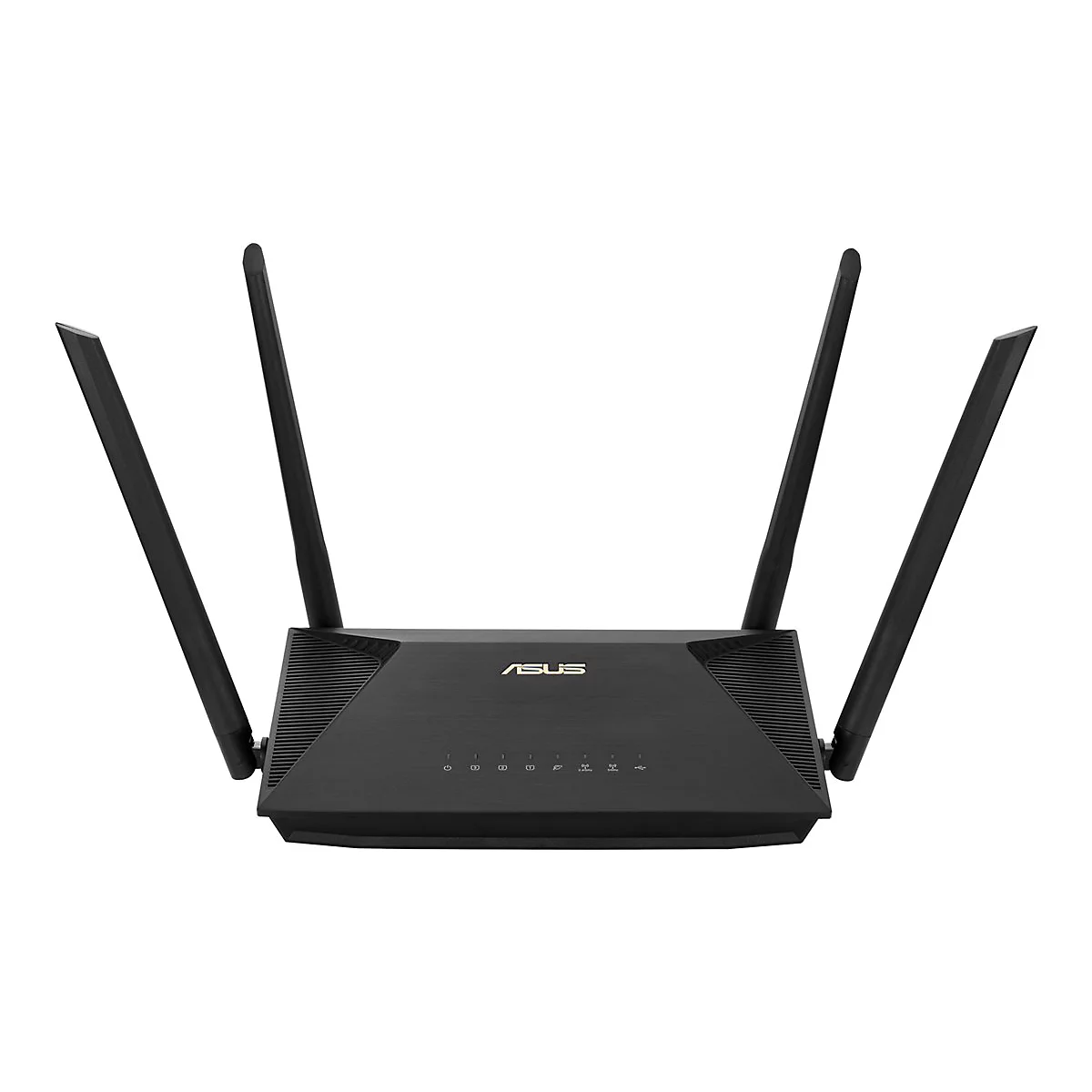 Schwarzer Router mit vier Antennen, Marke ASUS. Auf der Front befinden sich Status-LEDs.