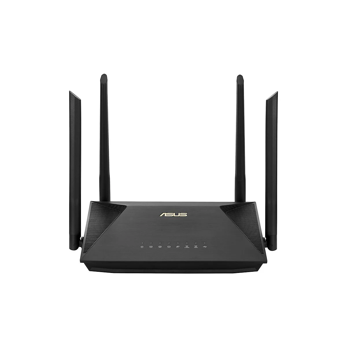 Schwarzer Router mit vier Antennen, ASUS-Logo. Der Router steht vor weiÃŸem Hintergrund.