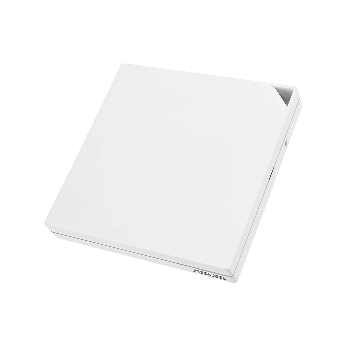 Weißes, rechteckiges ASUS-Gerät. Auf der oberen rechten Seite ist eine Aussparung zu sehen. Das ASUS-Logo ist unten rechts abgebildet.
