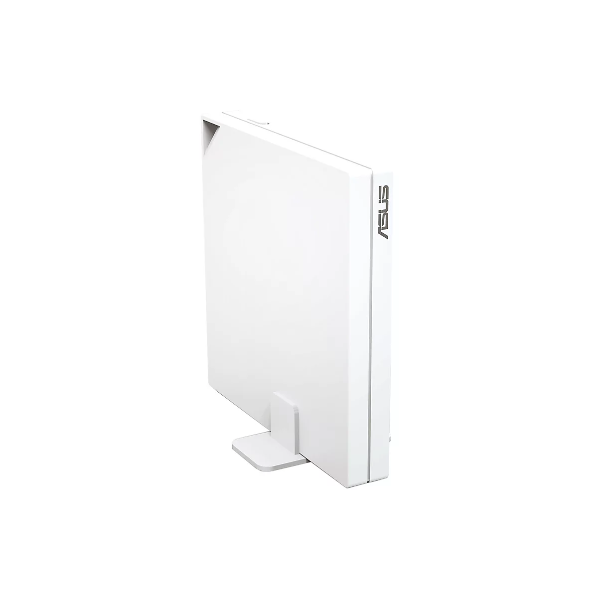 Weißes ASUS-Produkt. Aufrecht stehend mit Ständer und ASUS-Logo.
