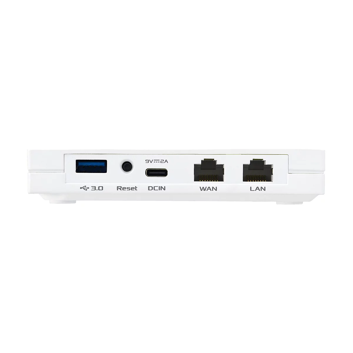 Die Oberseite eines weißen Routers, mit Anschlüssen für USB, Reset, DCIN, WAN und LAN.