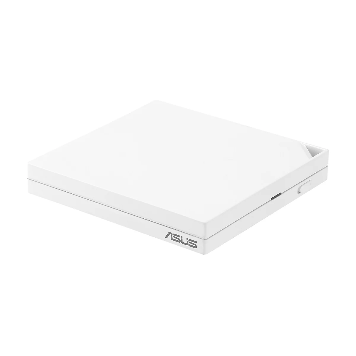 Ein weißes ASUS-Gerät mit quadratischer Form, das leicht schräg steht. Auf der Vorderseite steht das ASUS-Logo.