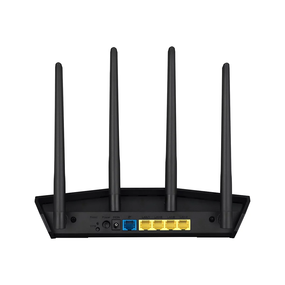 Routeur Wi-Fi noir avec quatre antennes, ports LAN et étiquettes.