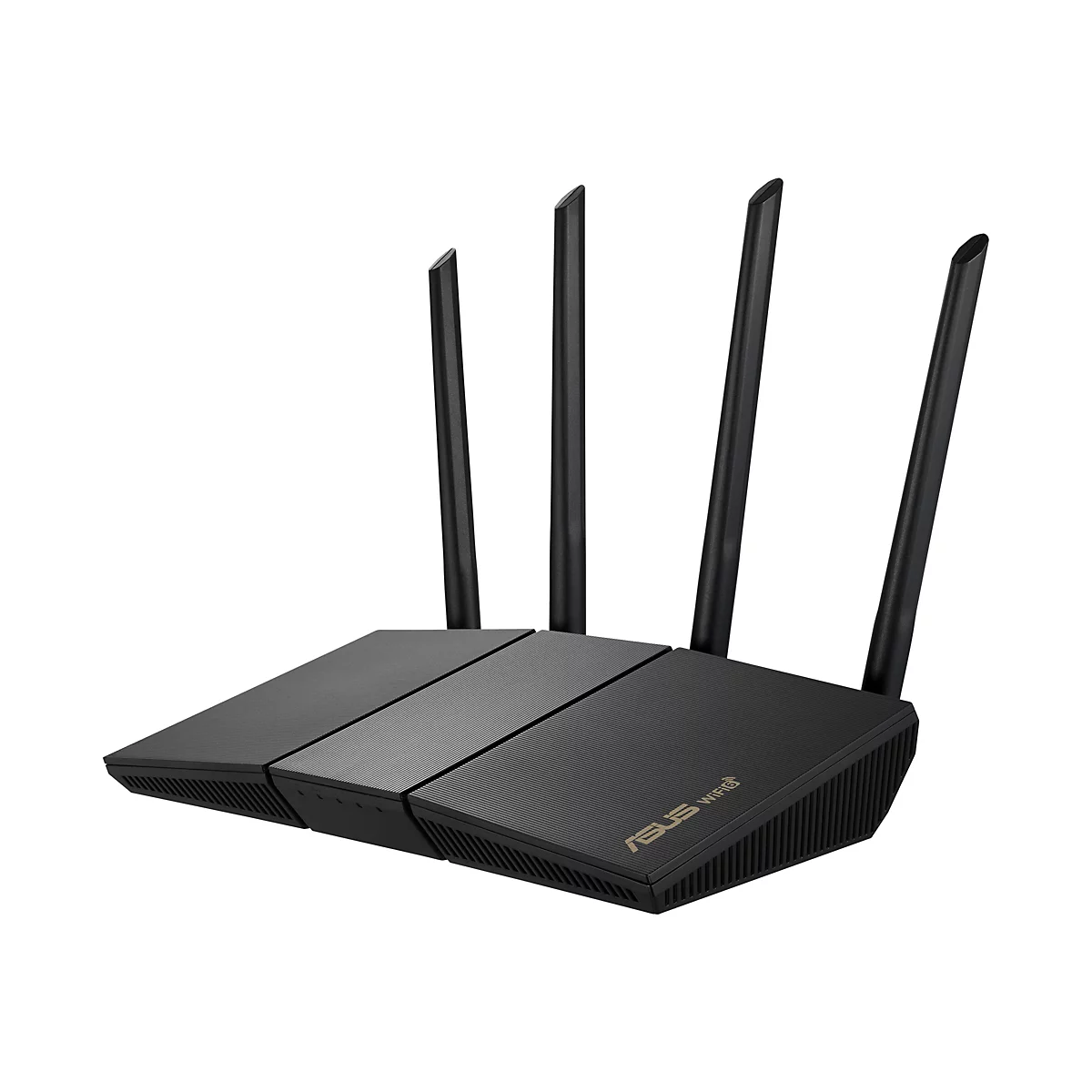 Schwarzer WLAN-Router mit vier Antennen, auf weißem Hintergrund.