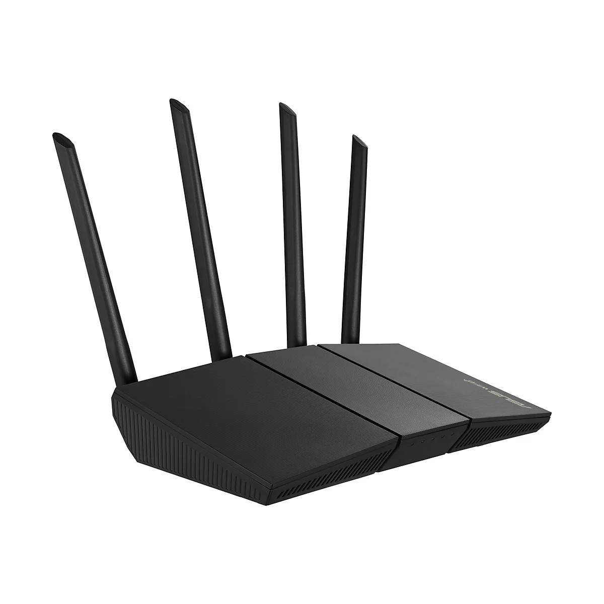 Schwarzer Router mit vier Antennen, auf weißem Hintergrund.