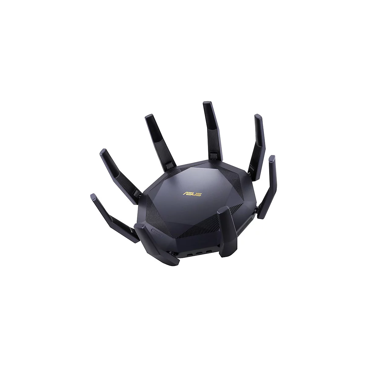 Schwarzer Router mit mehreren Antennen, Marke Asus, vor weiÃŸem Hintergrund.