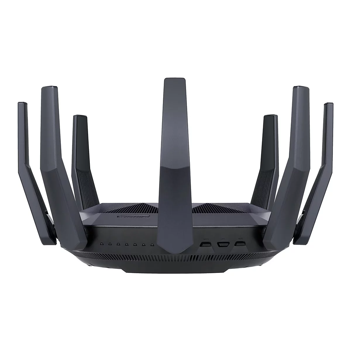 Draufsicht auf einen schwarzen Router mit neun Antennen, weiÃŸer Hintergrund.