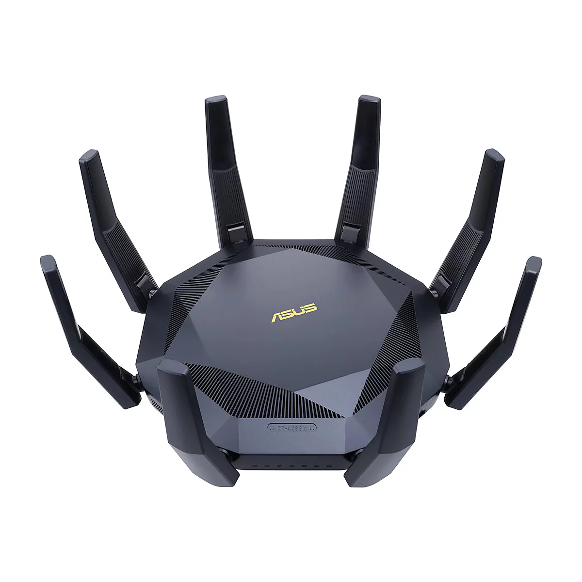 Schwarzer Router, oben betrachtet, mit sechs Antennen. Der Schriftzug ASUS ist golden.