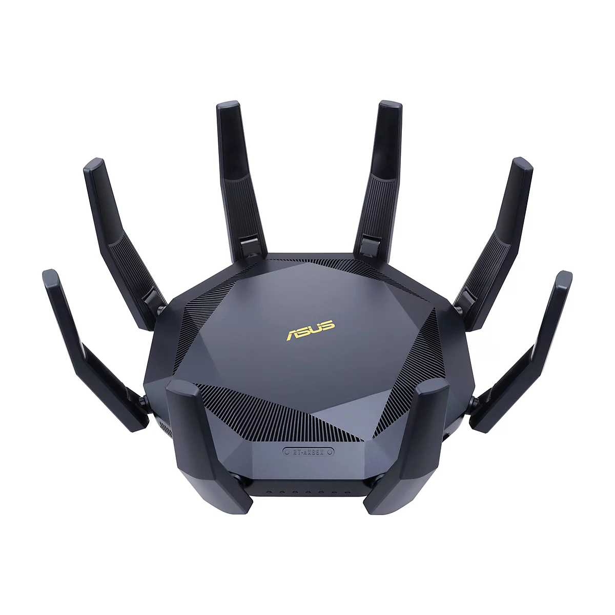 Draufsicht auf einen schwarzen WLAN-Router mit Antennen. Das Logo "ASUS" ist goldfarben.