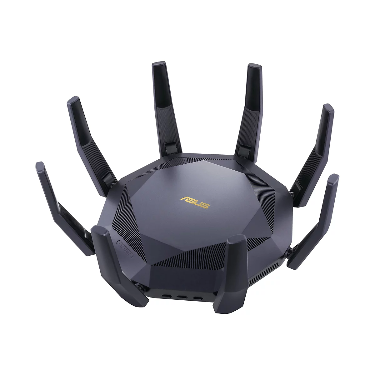 Draufsicht auf einen schwarzen ASUS-Router mit goldfarbenem Logo und sechs Antennen.