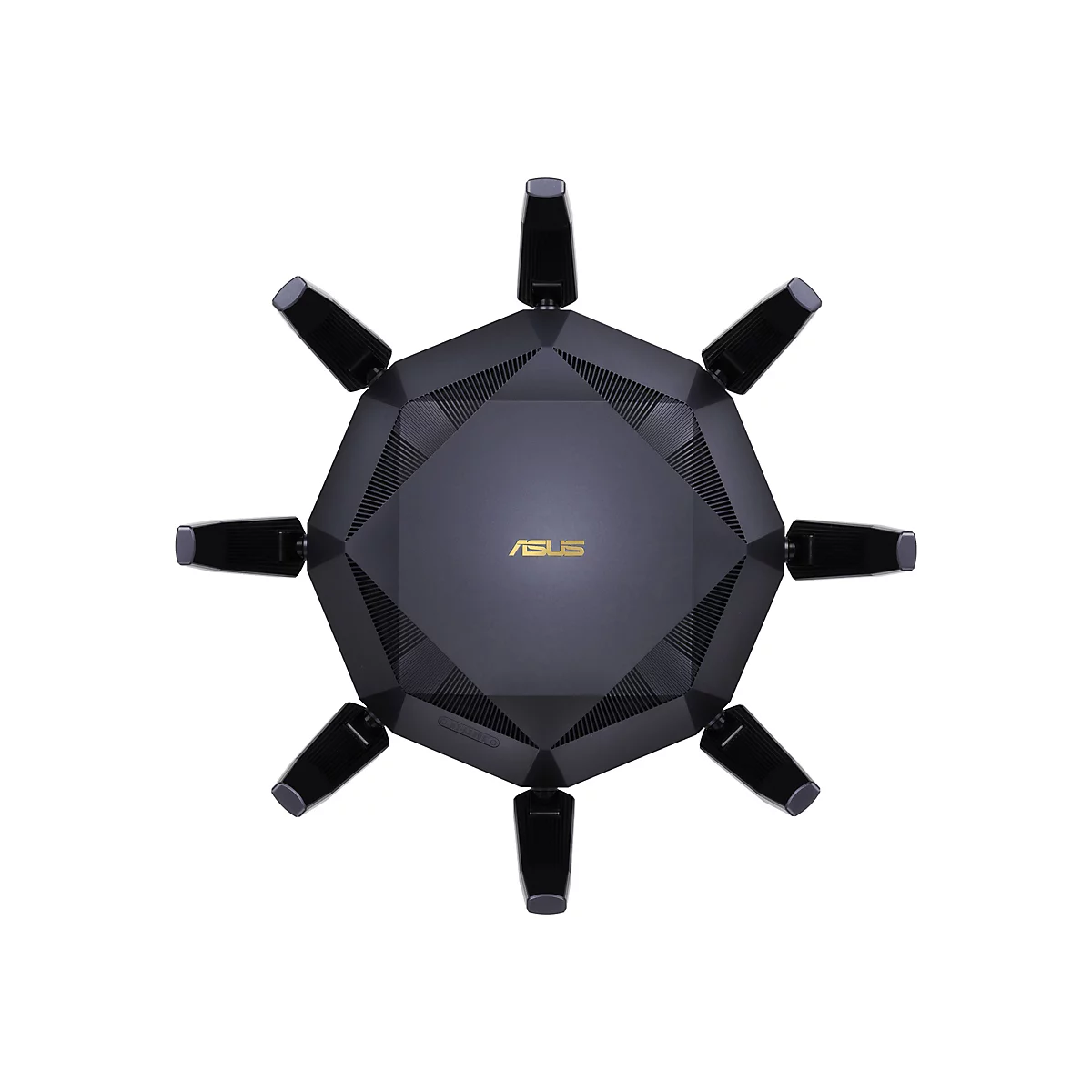 Draufsicht auf einen schwarzen Router mit acht Antennen, ASUS-Logo.