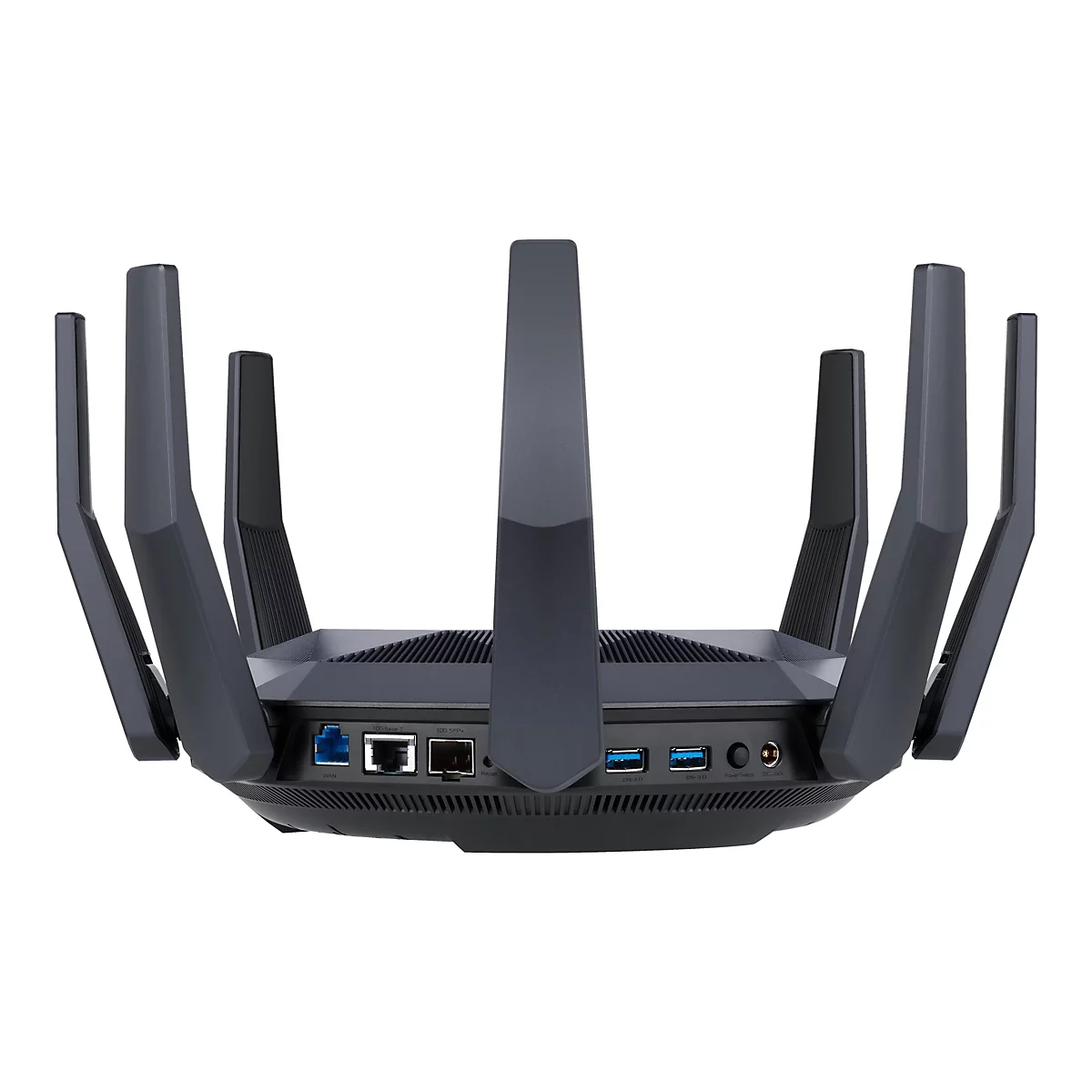 Draufsicht auf einen schwarzen Router mit mehreren Antennen, Anschlüssen und Knöpfen.
