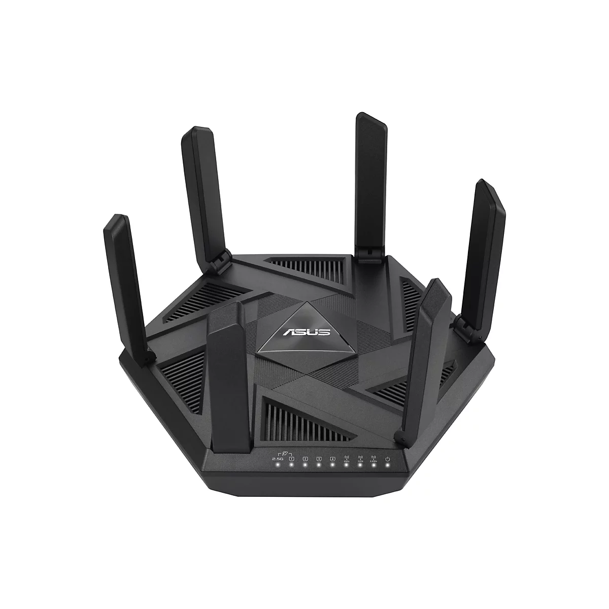 Un routeur Wi-Fi noir avec sept antennes, le logo ASUS et des voyants.