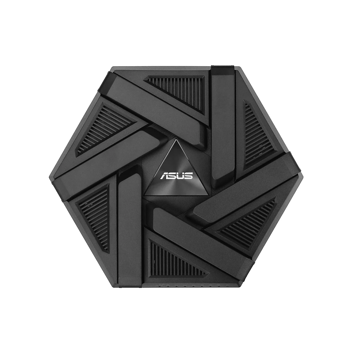 Vue de dessus d'un appareil hexagonal noir avec le logo ASUS.