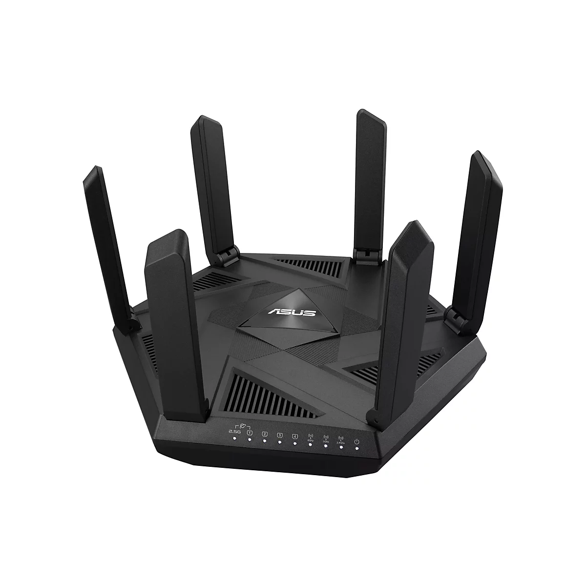 Schwarzer Router mit sechs Antennen, die aus dem achteckigen Gehäuse herausragen. Das ASUS-Logo ist deutlich sichtbar.