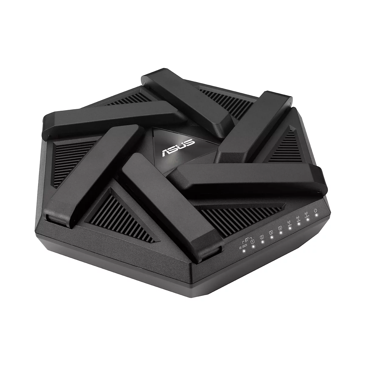 Draufsicht auf einen schwarzen Router. Das ASUS-Logo ist deutlich sichtbar. Auf der Oberseite befinden sich Antennen, an der Seite mehrere LEDs.