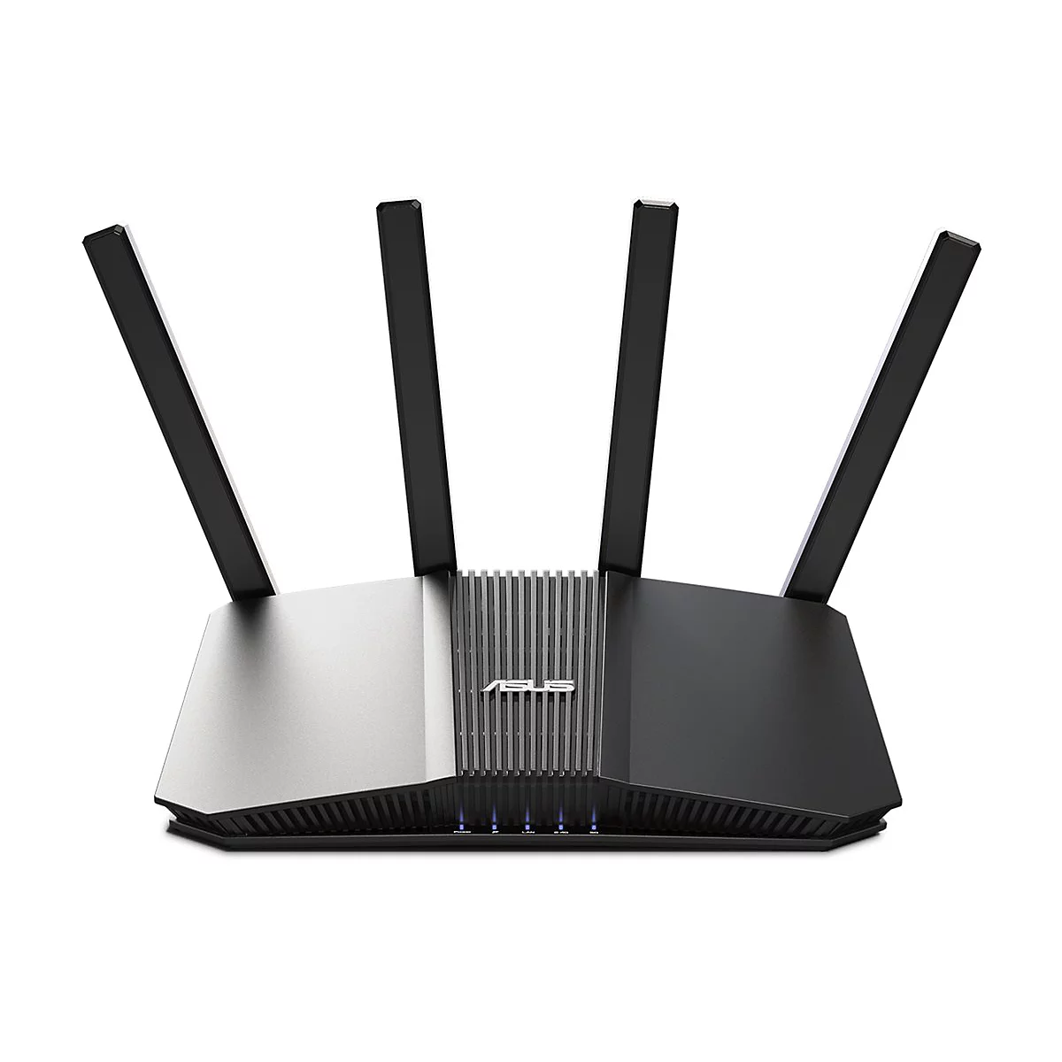 Schwarzer Asus Router mit vier aufrechten Antennen vor weißem Hintergrund.