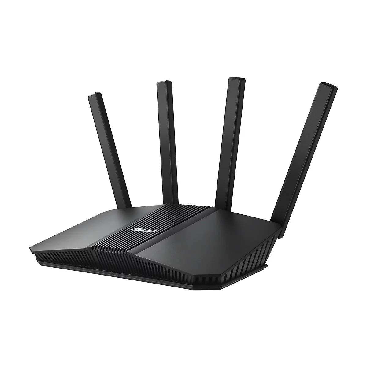 Schwarzer Asus WLAN-Router mit vier abstehenden Antennen auf weißem Hintergrund.