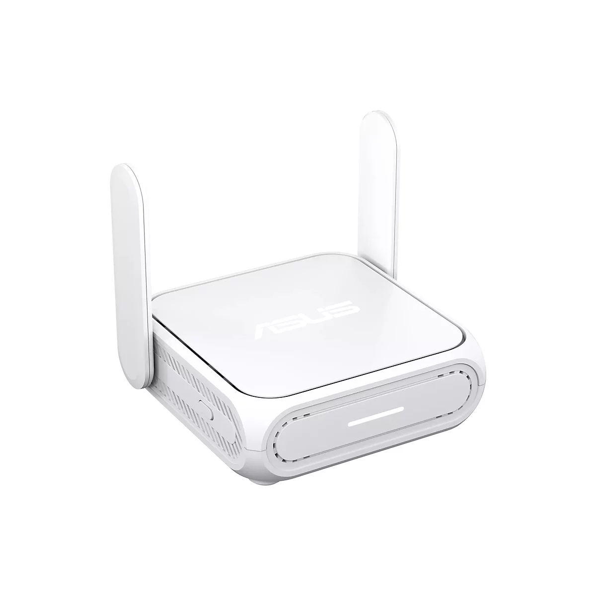 Ein kompakter, weißer ASUS WLAN-Router mit zwei Antennen vor weißem Hintergrund.
