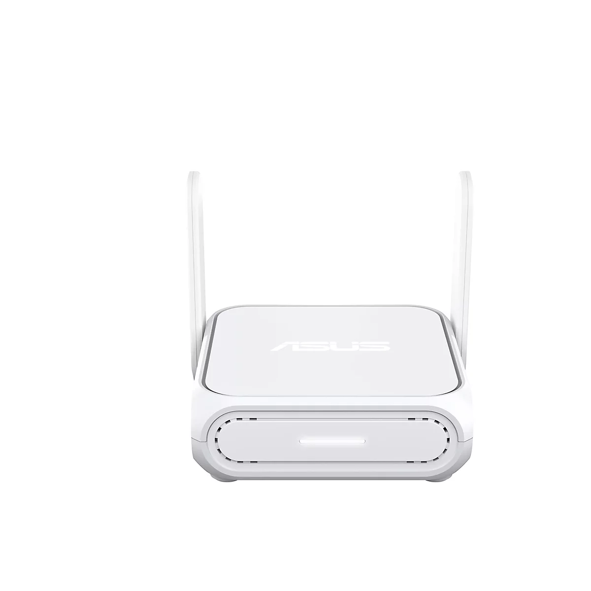 Weißer Asus-WLAN-Router mit zwei seitlichen Antennen vor weißem Hintergrund.