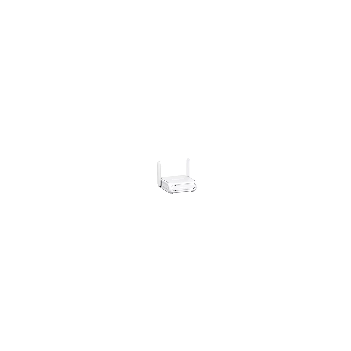 Weißer Router mit zwei Antennen. Er steht auf einer weißen Oberfläche.