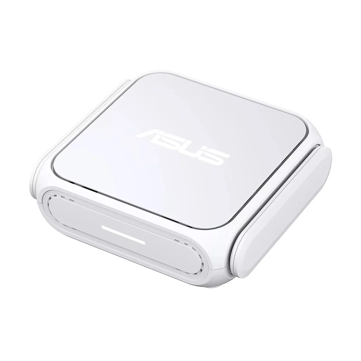 Kompakter weißer ASUS Router mit glatter Oberfläche und abgerundeten Kanten vor weißem Hintergrund.