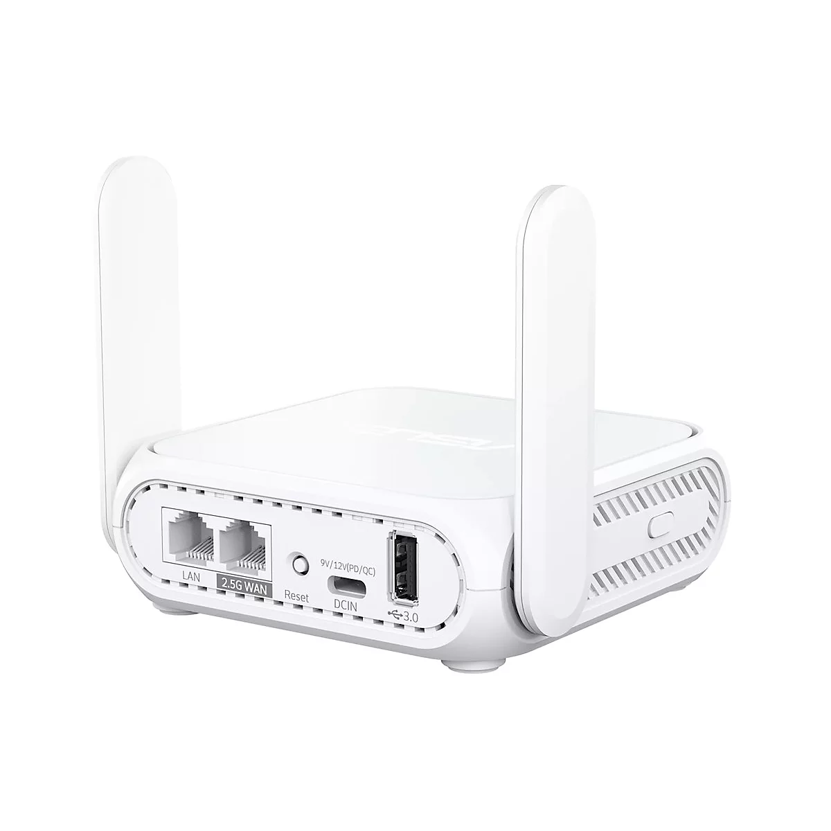 Weißer Asus Router mit zwei Antennen und LAN, 2.5G WAN, USB- und Stromanschluss auf der Rückseite.