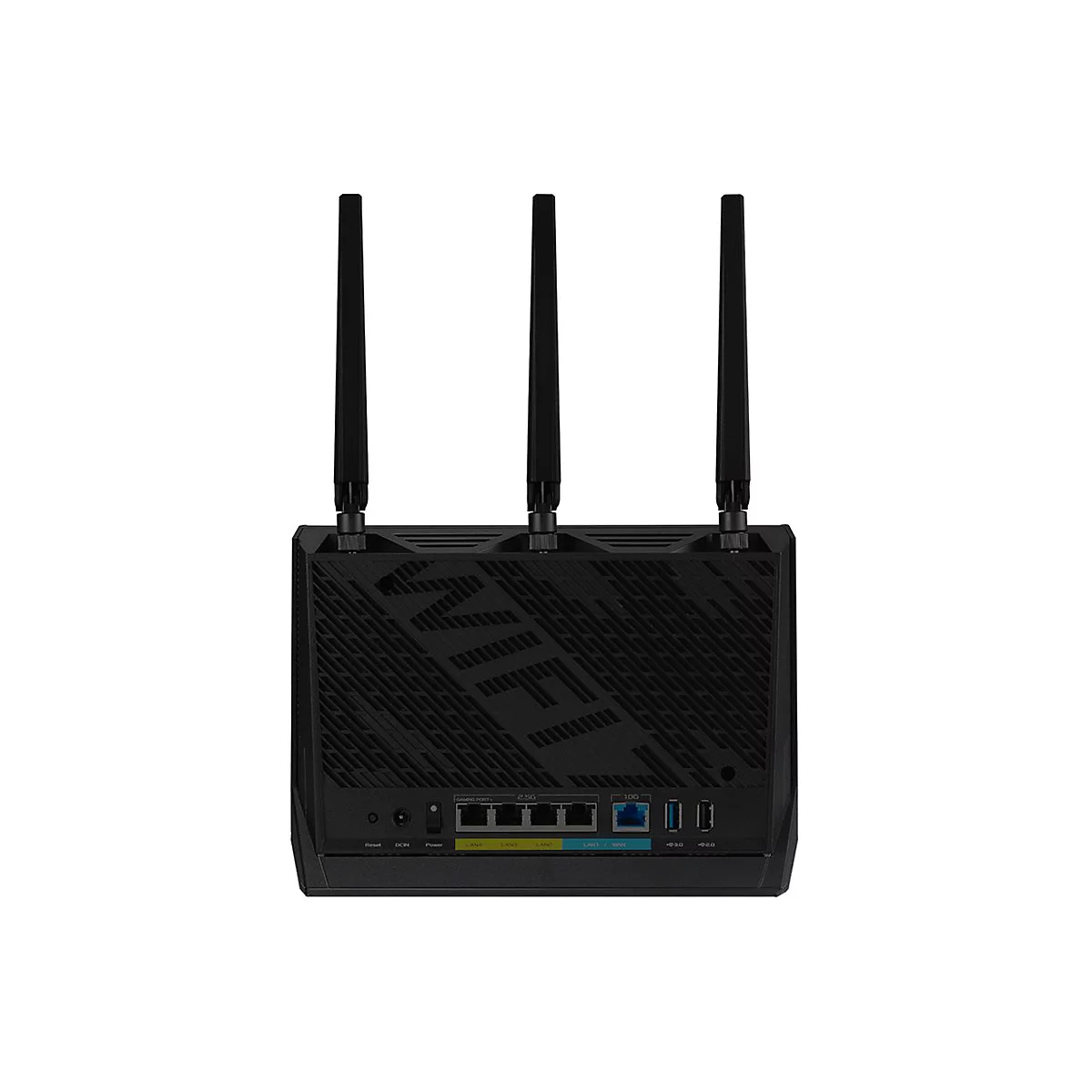 Schwarzer Router mit drei Antennen, Blick auf die Rückseite. Beschriftung "WIFI".