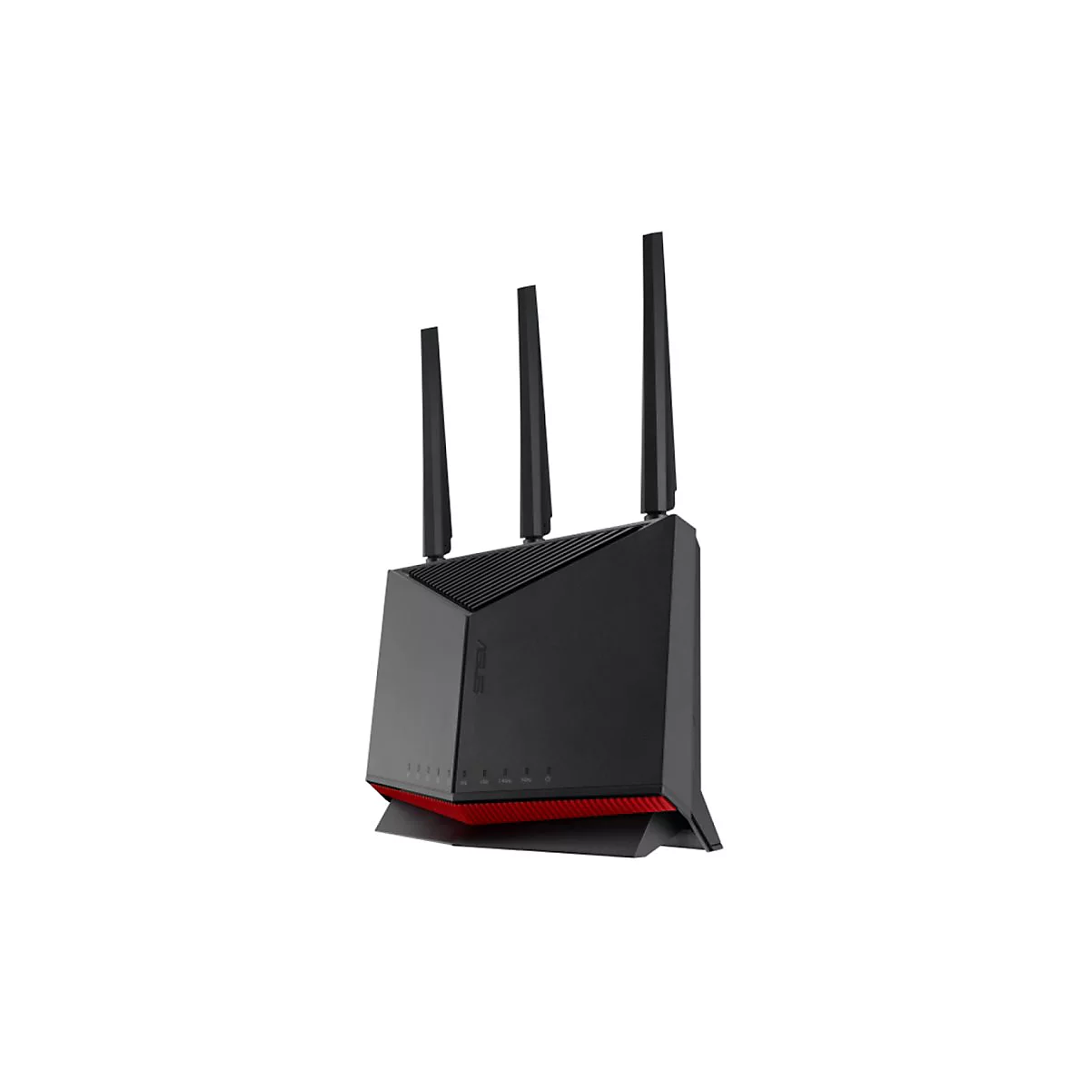 Ein schwarzer WLAN-Router mit drei Antennen, roter Basis und ASUS-Logo.