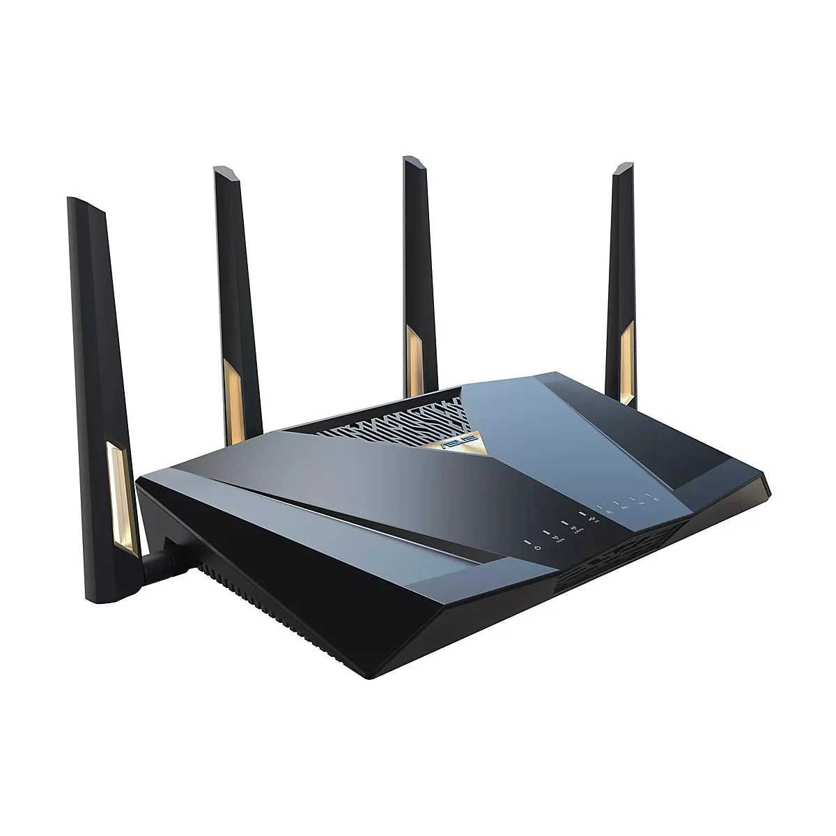 Schwarzer WLAN-Router mit vier Antennen, Goldakzenten und Anzeigeleuchten.