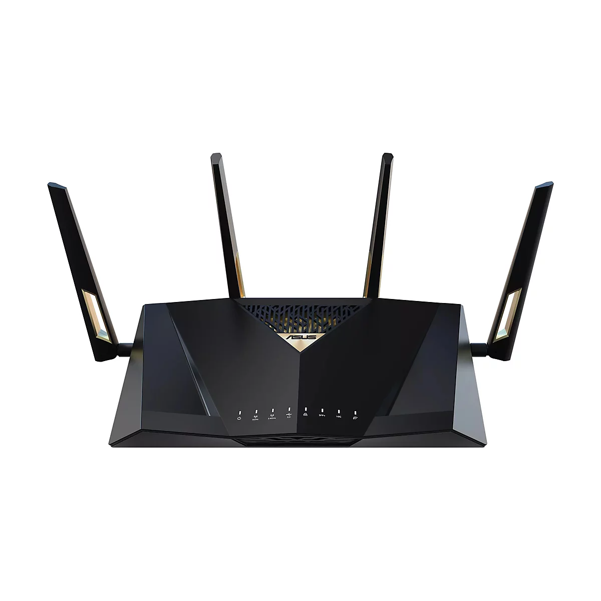 Schwarzer Router mit vier Antennen, auf weißem Hintergrund. Oberhalb des Routers befindet sich das ASUS-Logo.