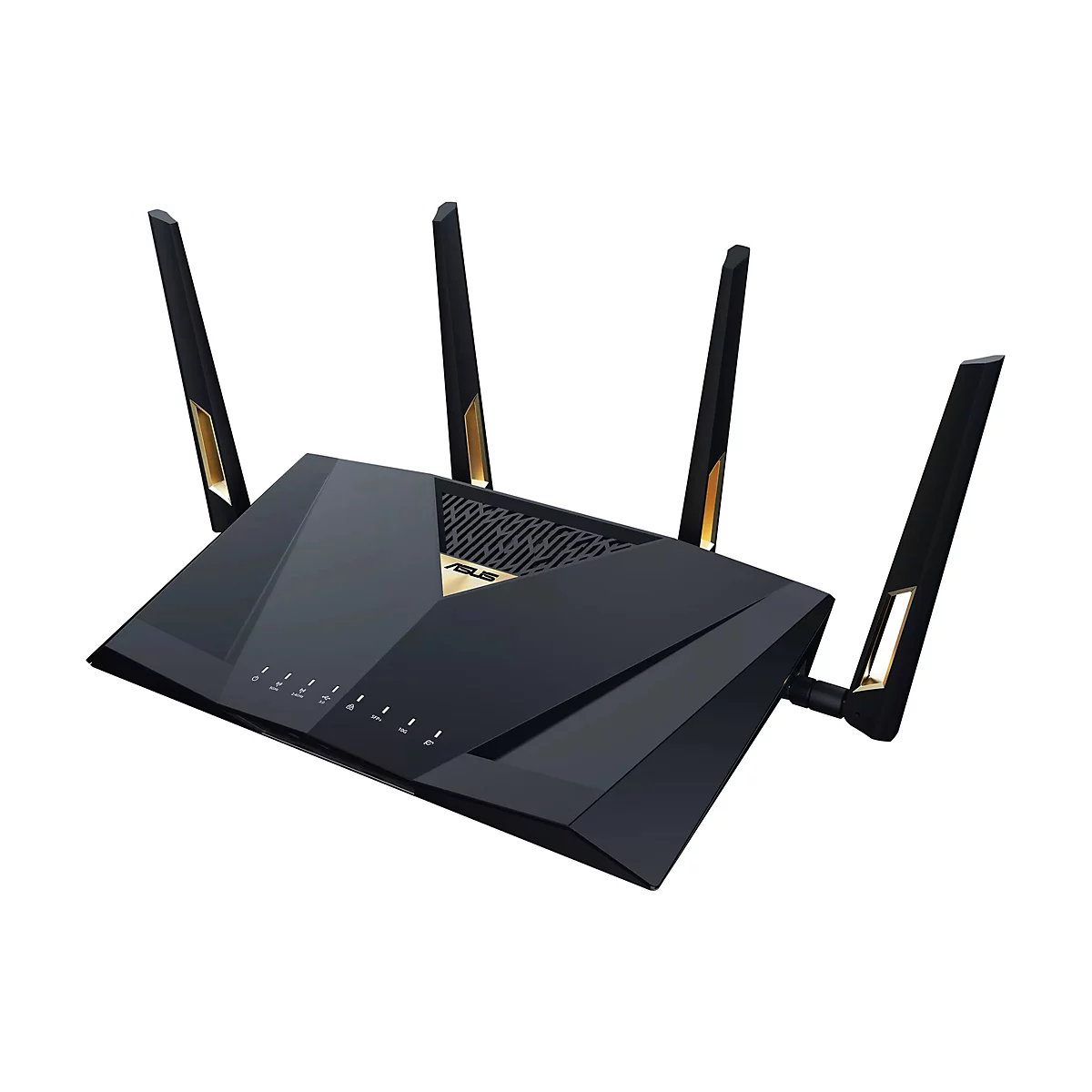Routeur noir avec quatre antennes et des touches dorées. Le logo Asus est en haut. Des icônes lumineuses sont visibles à l'avant.