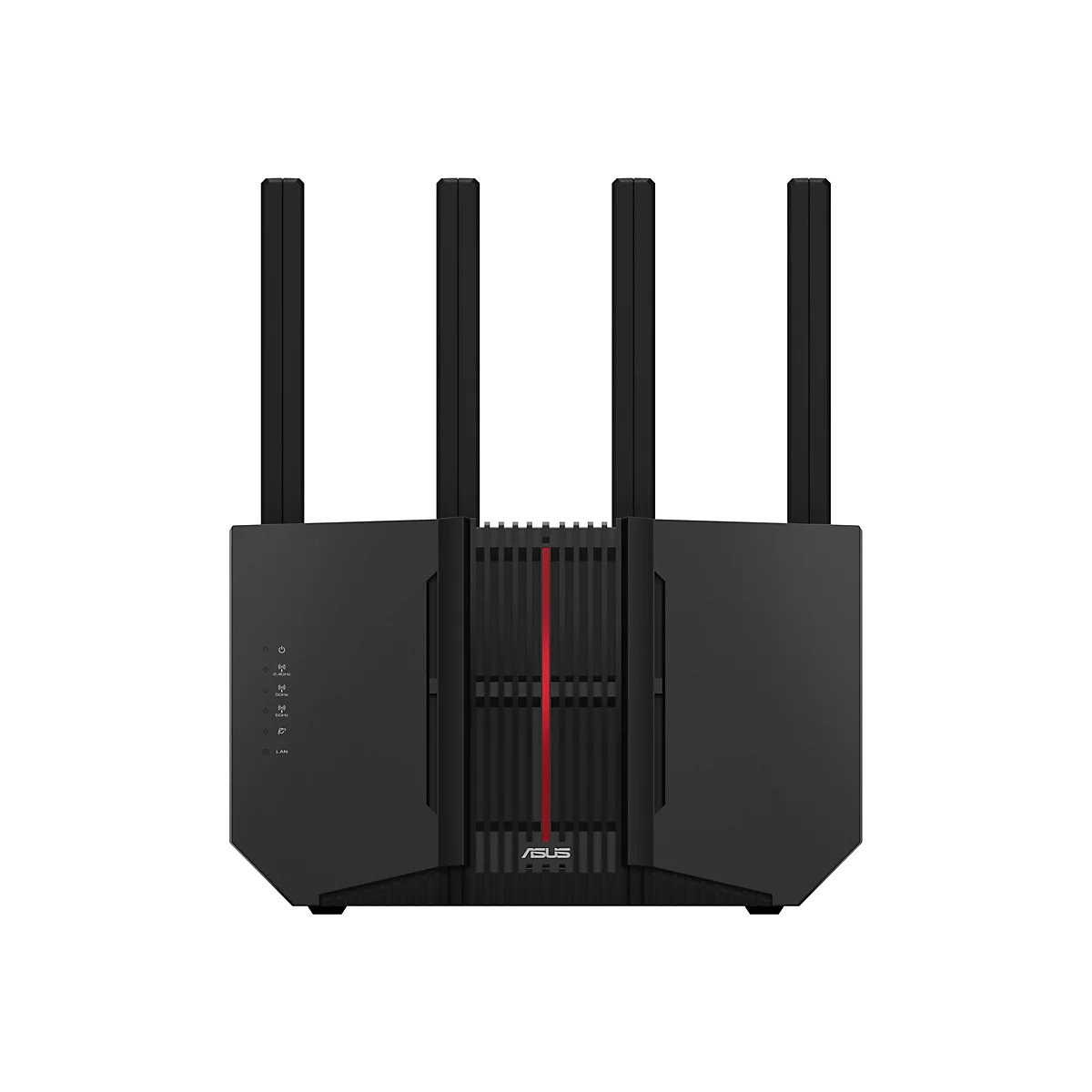 Routeur wifi noir avec quatre antennes. Bande rouge au milieu. Logo ASUS.