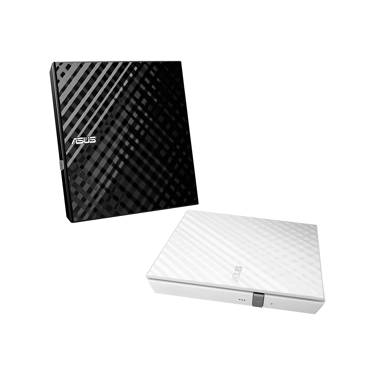 Zwei externe Festplatten von Asus, eine in Schwarz und eine in Weiß. Beide haben ein diagonal gestreiftes Muster und das Asus-Logo.
