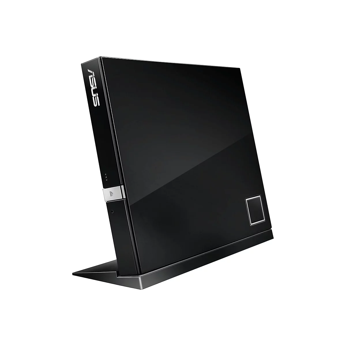 Ordinateur ASUS noir posé sur un support. Le logo ASUS est sur le devant, avec des boutons et un élément carré en dessous.