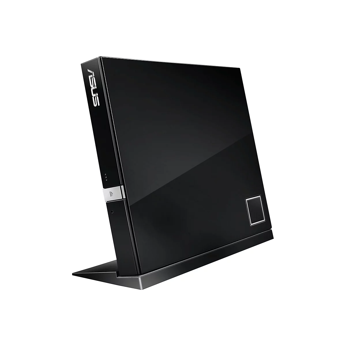 Schwarzer ASUS-Computer. Der Computer ist glänzend schwarz und steht aufrecht. Oben steht das ASUS-Logo.