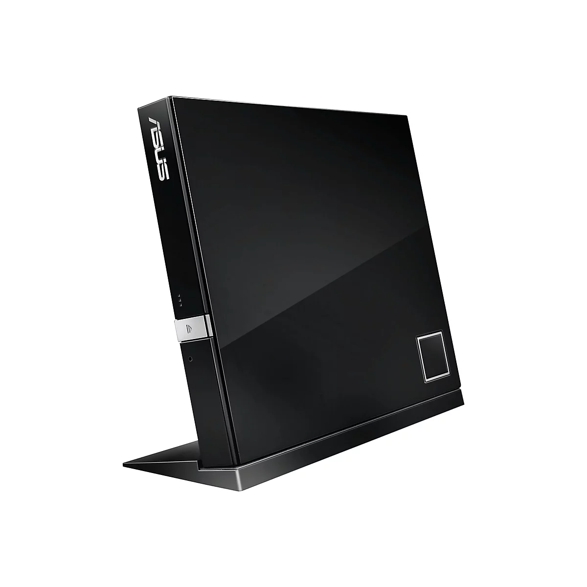 Schwarzer Computer, glänzend, mit ASUS-Logo. Auf weißem Hintergrund.