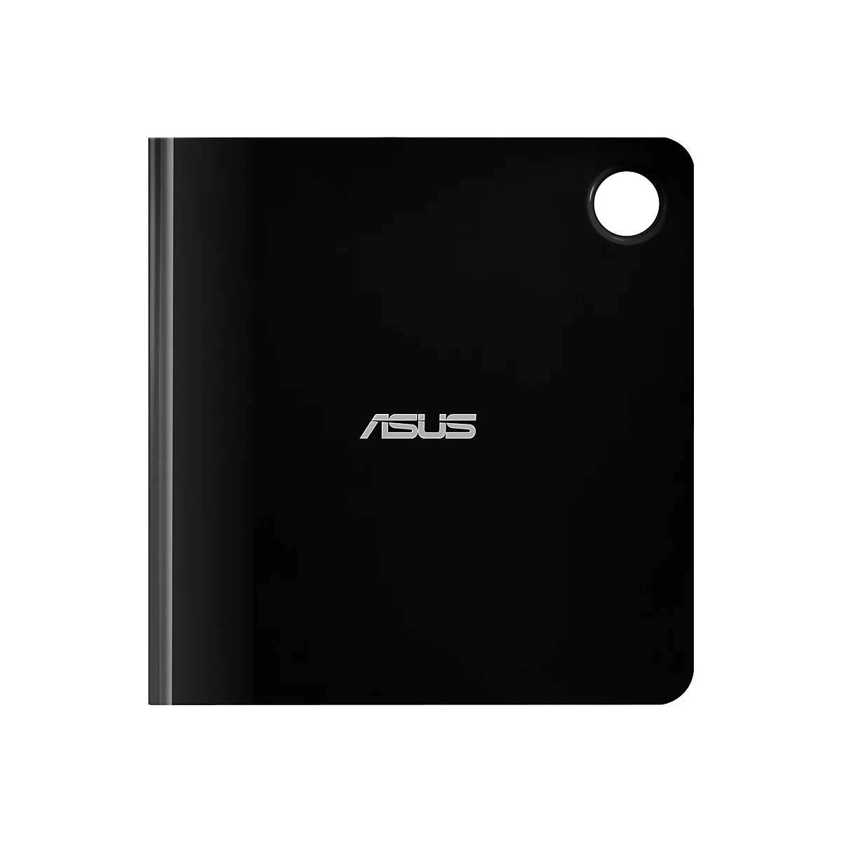 Schwarzes Tablet mit ASUS Logo und Loch. Hell abgebildet.