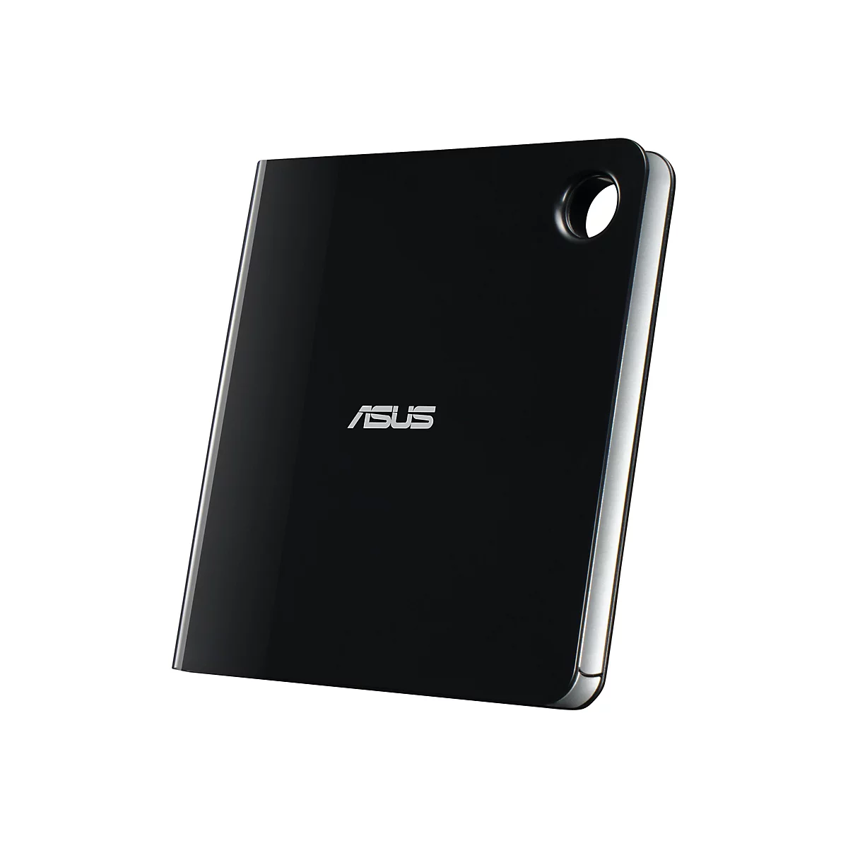 Ein schwarzes ASUS-Tablet vor weißem Hintergrund. Oben rechts befindet sich eine runde Aussparung. Das ASUS-Logo ist mittig platziert.