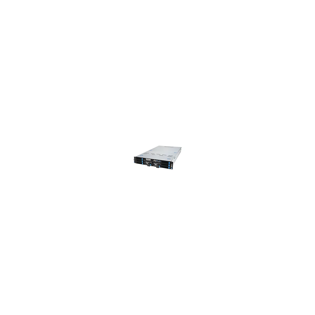 Ein grauer Server, Frontansicht, mit blauen Akzenten und Anschlüssen.