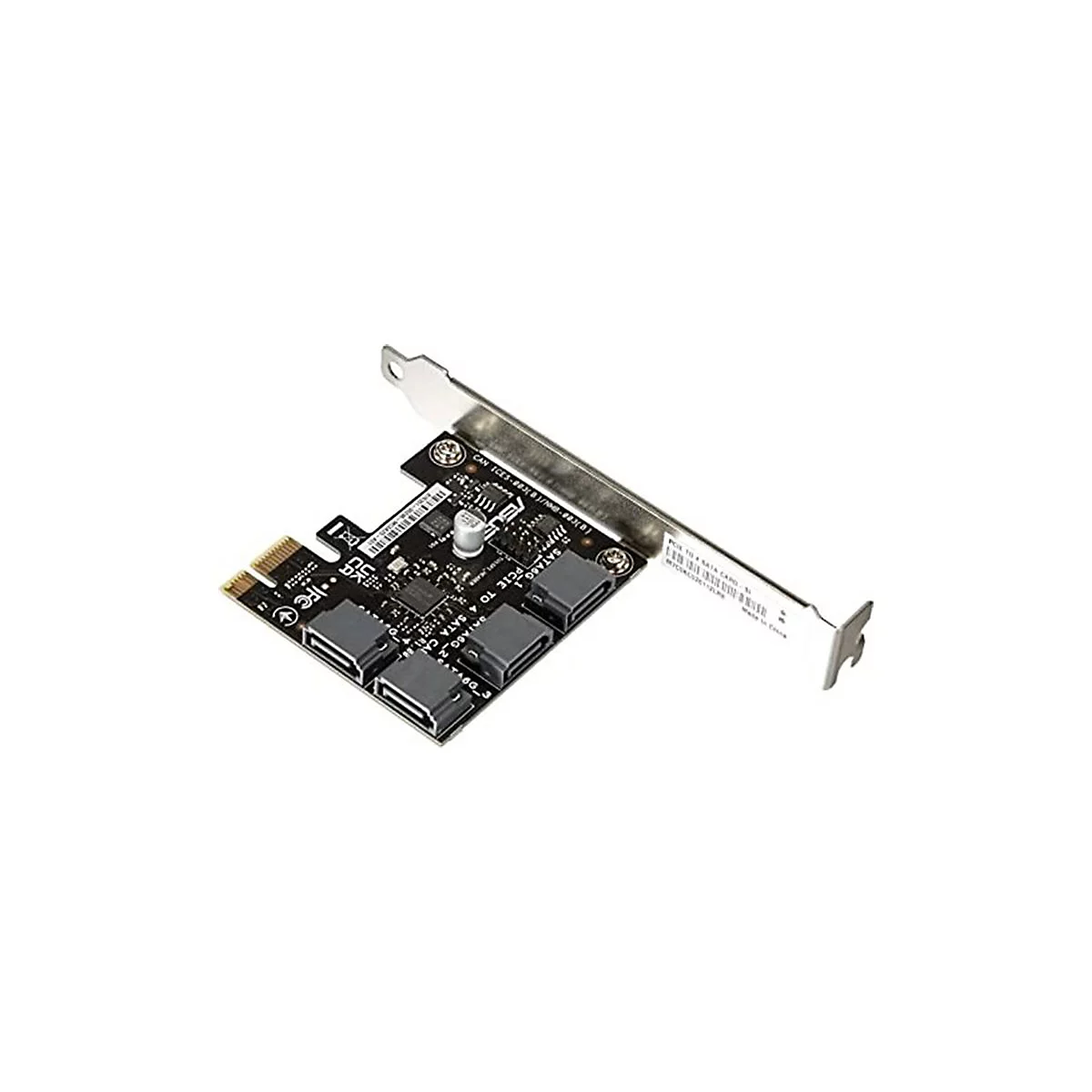 Eine schwarze PCI-E-Karte mit drei SATA-Anschlüssen, auf weißem Hintergrund.